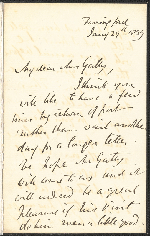 Emily Tennyson autograph letter signed to Mrs. Gatty, Farringford, [Isle of Wight], 29 January 1859