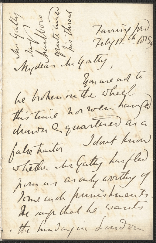 Emily Tennyson autograph letter signed to Mr. Gatty, Farringford, [Isle of Wight], 12 February 1859