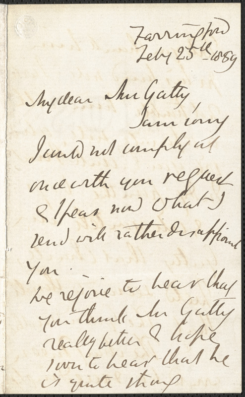 Emily Tennyson autograph letter signed to Mrs. Gatty, Farringford, [Isle of Wight], 25 February 1859