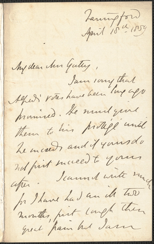 Emily Tennyson autograph letter signed to Mrs. Gatty, Farringford, [Isle of Wight], 18 April 1859