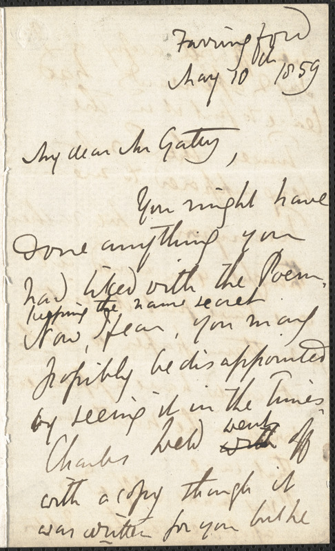 Emily Tennyson autograph letter signed to Mr. Gatty, Farringford, [Isle of Wight], 10 May 1859