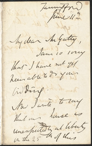 Emily Tennyson autograph letter signed to Mr. Gatty, Farringford, [Isle of Wight], 11 June [1859?]