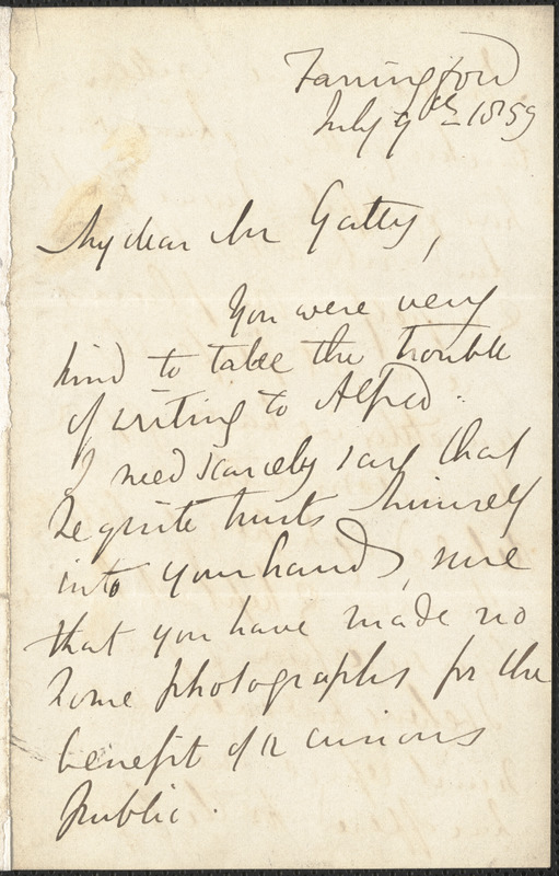 Emily Tennyson autograph letter signed to Mr. Gatty, Farringford, [Isle of Wight], 9 July 1859