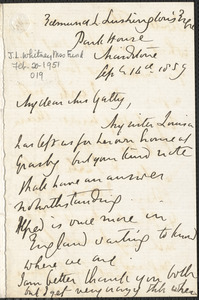 Emily Tennyson autograph letter signed to Mrs. Gatty, Edmund L. Lushington's [Estate?], Park House, Maidstone, 14 September 1859