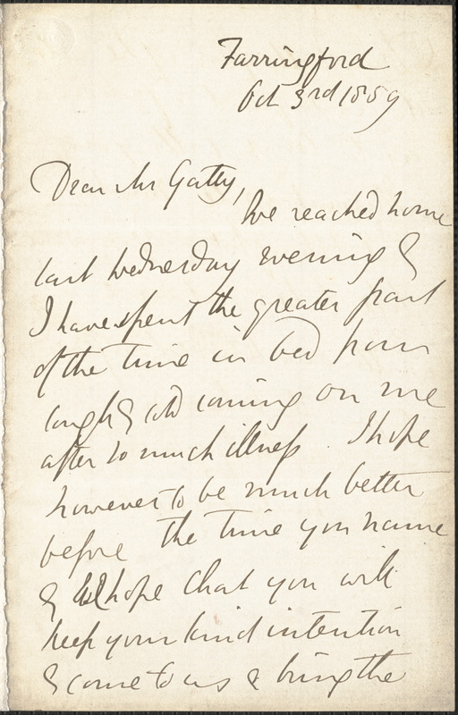 Emily Tennyson autograph letter signed to Mr. Gatty, Farringford, [Isle of Wight], 3 October 1859