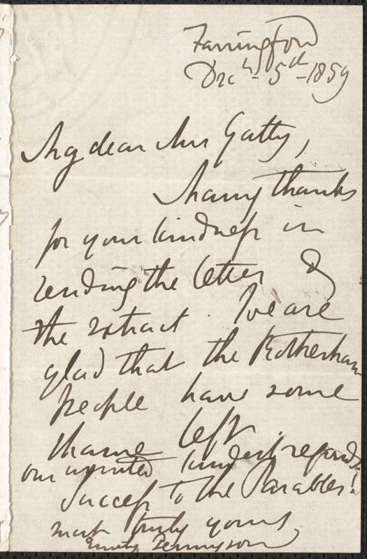 Emily Tennyson autograph letter signed to Mrs. Gatty, Farringford, [Isle of Wight], 5 December 1859