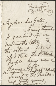 Emily Tennyson autograph letter signed to Mrs. Gatty, Farringford, [Isle of Wight], 5 December 1859