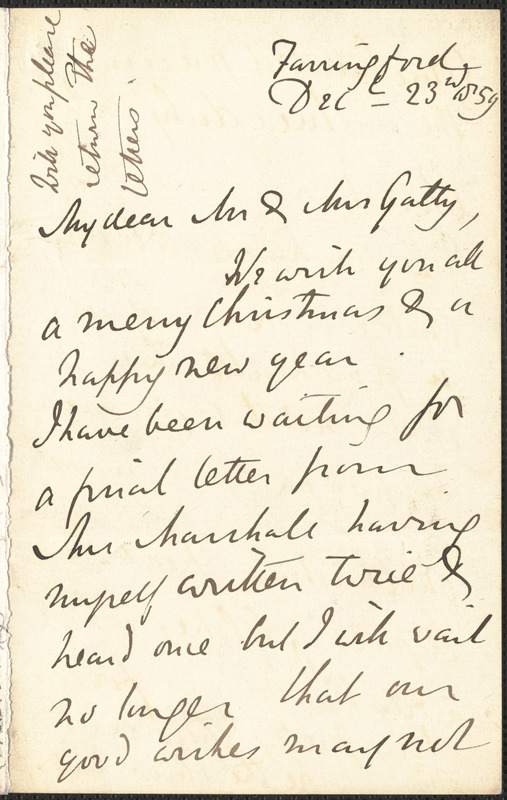 Emily Tennyson autograph letter signed to Mr. and Mrs. Gatty, Farringford, [Isle of Wight], 23 December 1859