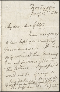 Emily Tennyson autograph letter signed to Mrs. Gatty, Farringford, [Isle of Wight], 23 January 1860