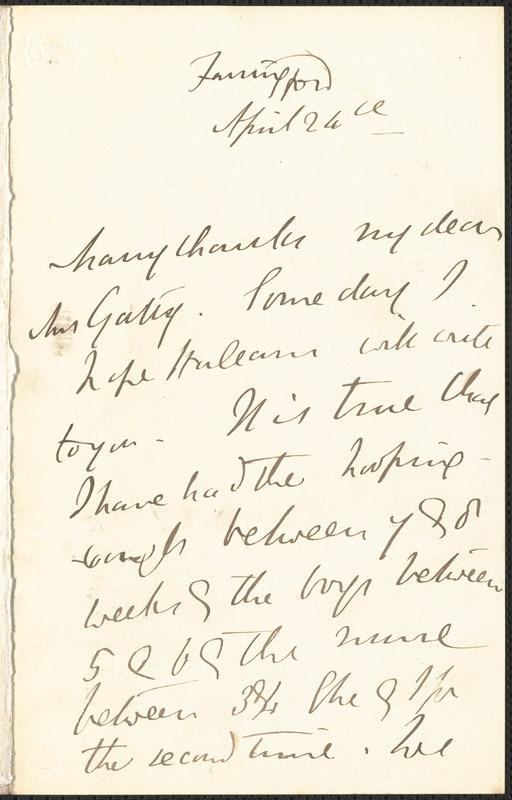Emily Tennyson autograph letter signed to Mrs. Gatty, Farringford, [Isle of Wight], 24 April [1860?]
