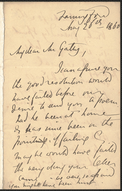 Emily Tennyson autograph letter signed to Mr. Gatty, Farringford, [Isle of Wight], 26 May 1860