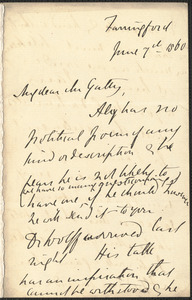 Emily Tennyson autograph letter signed to Mr. Gatty, Farringford, [Isle of Wight], 7 June 1860