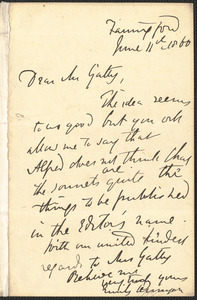 Emily Tennyson autograph letter signed to Mr. Gatty, Farringford, [Isle of Wight], 11 June 1860