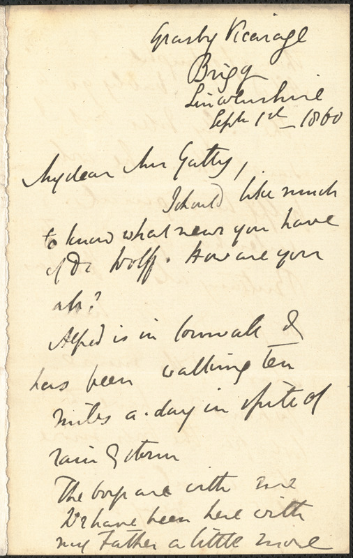 Emily Tennyson autograph letter signed to Mrs. Gatty, Grasby Vicarage, Brigg, Lincolnshire, 1 September 1860