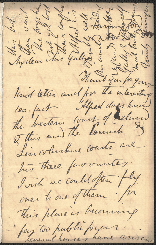 Emily Tennyson autograph letter signed to Mrs. Gatty, Farringford, [Isle of Wight], 10 November 1860