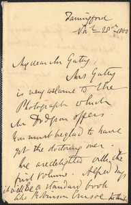 Emily Tennyson autograph letter signed to Mr. Gatty, Farringford, [Isle of Wight], 28 November 1860