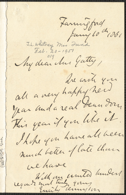 Emily Tennyson autograph letter signed to Mrs. Gatty, Farringford, [Isle of Wight], 10 January 1861