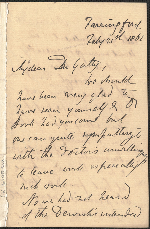 Emily Tennyson autograph letter signed to Dr. Gatty, Farringford, [Isle of Wight], 21 February 1861