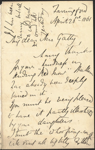 Emily Tennyson autograph letter signed to Mrs. Gatty, Farringford, [Isle of Wight], 26 April 1861