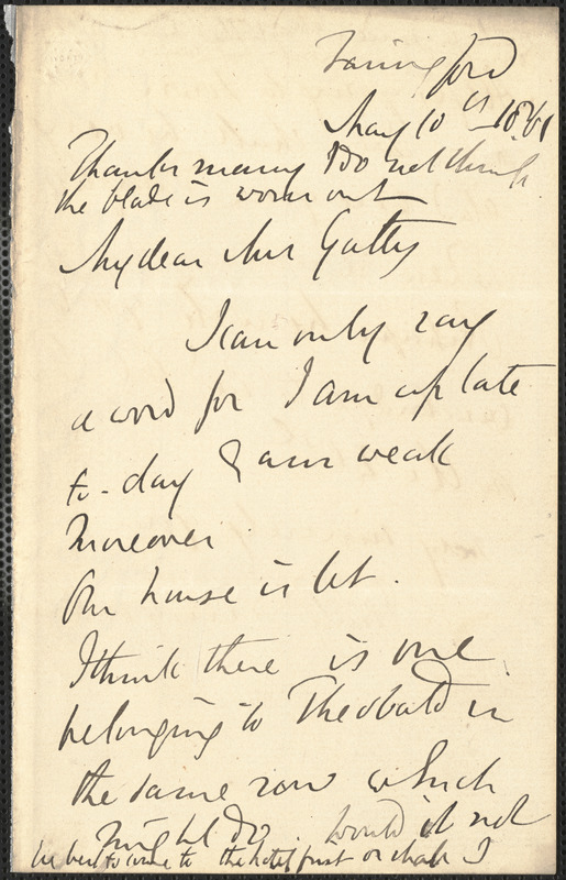 Emily Tennyson autograph letter signed to Mrs. Gatty, Farringford, [Isle of Wight], 10 May 1861