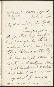 Emily Tennyson autograph letter signed to Mr. and Mrs. Gatty, Farringford, [Isle of Wight], 15 November 1861