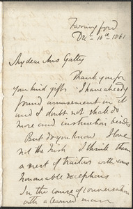 Emily Tennyson autograph letter signed to Mrs. Gatty, Farringford, [Isle of Wight], 10 December 1861