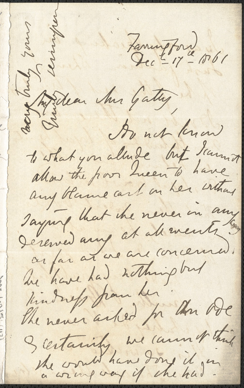 Emily Tennyson autograph letter signed to Mrs. Gatty, Farringford, [Isle of Wight], 17 December 1861