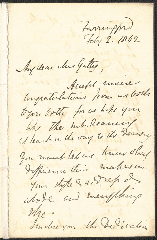 Emily Tennyson autograph letter signed to Mrs. Gatty, Farringford, [Isle of Wight], 2 February 1862