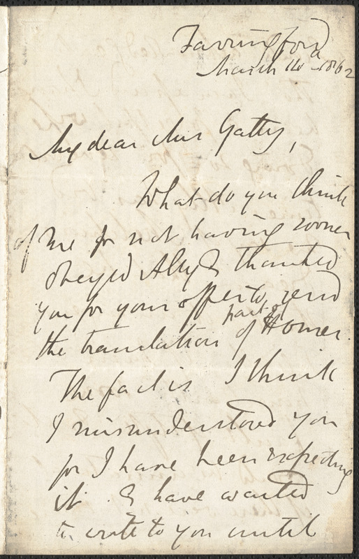 Emily Tennyson autograph letter signed to Mrs. Gatty, Farringford, [Isle of Wight], 14 March 1862