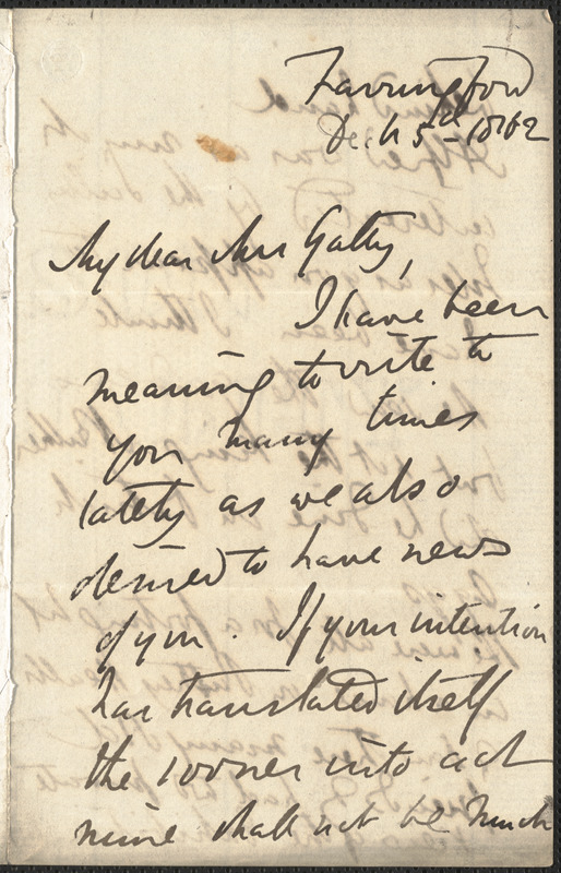 Emily Tennyson autograph letter signed to Mrs. Gatty, Farringford, [Isle of Wight], 5 December 1862