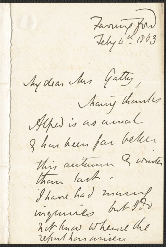 Emily Tennyson autograph letter signed to Mrs. Gatty, Farringford, [Isle of Wight], 4 February 1863