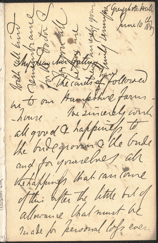 Emily Tennyson autograph letter signed to Mrs. Gatty, Greystone Hall, 10 June 1863