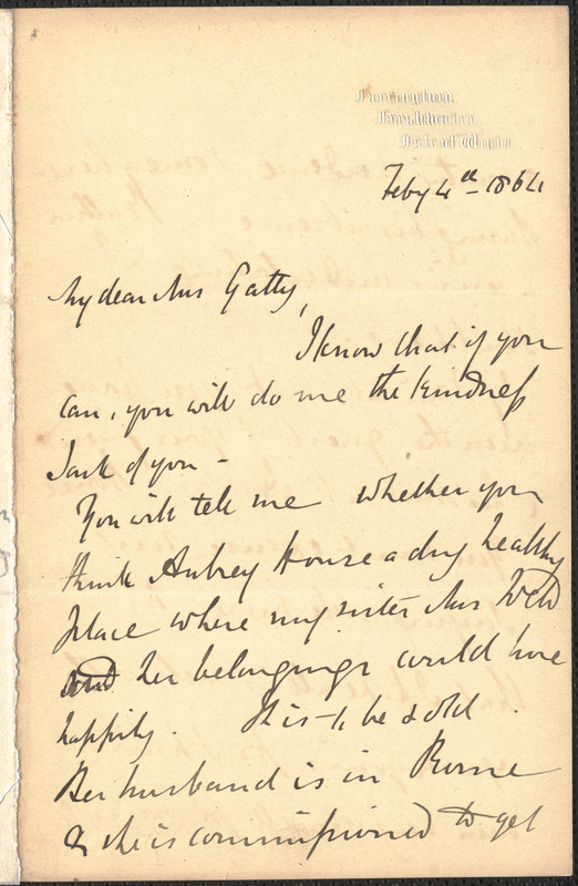 Emily Tennyson autograph letter signed to Mrs. Gatty, Farringford, Isle of Wight, 4 February 1864