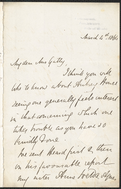 Emily Tennyson autograph letter signed to Mrs. Gatty, Farringford, Isle of Wight, 4 March 1864
