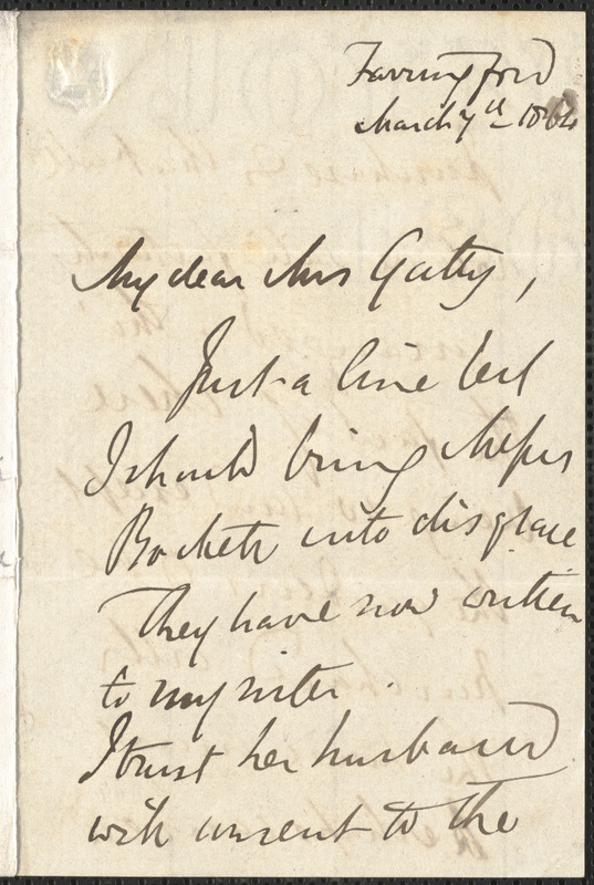 Emily Tennyson autograph letter signed to Mrs. Gatty, Farringford, [Isle of Wight], 7 March 1864