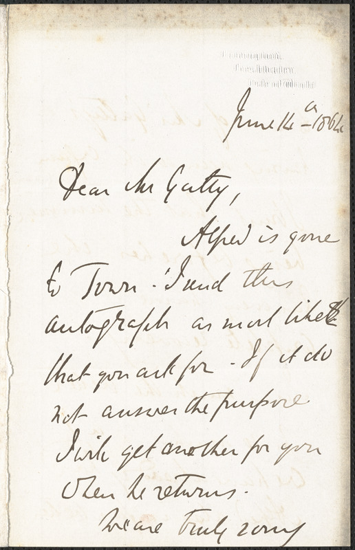 Emily Tennyson autograph letter signed to Mr. Gatty, Farringford, Isle of Wight, 14 June 1864
