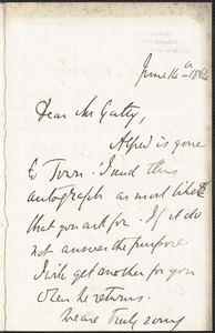Emily Tennyson autograph letter signed to Mr. Gatty, Farringford, Isle of Wight, 14 June 1864