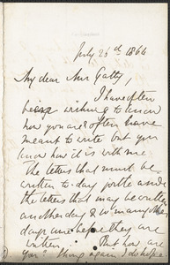 Emily Tennyson autograph letter signed to Mrs. Gatty, Farringford, [Isle of Wight], 26 July 1864