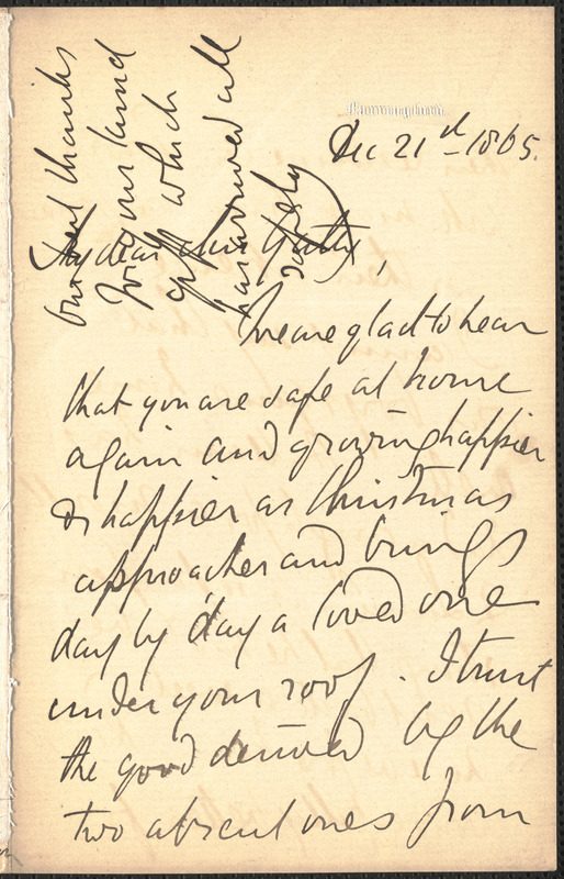 Emily Tennyson autograph letter signed to Mrs. Gatty, Farringford, [Isle of Wight], 21 December 1865