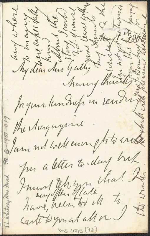 Emily Tennyson autograph letter signed to Mrs. Gatty, Farringford, [Isle of Wight], 1 May 1866