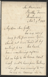 Emily Tennyson autograph letter signed to Mrs. Gatty, Mr. Newman's, Stoutley Farm, Haselmere, [Surrey, England], 9 November 1866