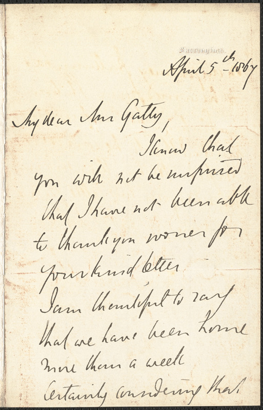 Emily Tennyson autograph letter signed to Mrs. Gatty, Farringford, [Isle of Wight], 5 April 1867