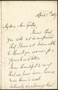 Emily Tennyson autograph letter signed to Mrs. Gatty, Farringford, [Isle of Wight], 5 April 1867