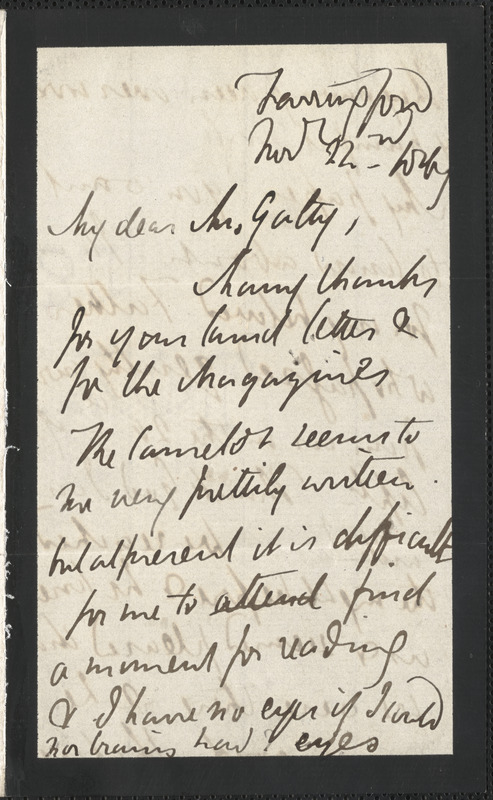 Emily Tennyson autograph letter signed to Mr. Gatty, Farringford, [Isle of Wight], 22 November 1867