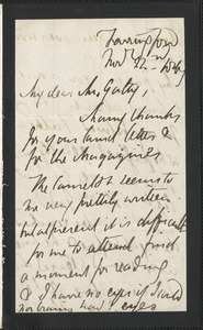 Emily Tennyson autograph letter signed to Mr. Gatty, Farringford, [Isle of Wight], 22 November 1867