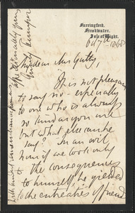 Emily Tennyson autograph letter signed to Mrs. Gatty, Farringford, Isle of Wight,7 October 1868