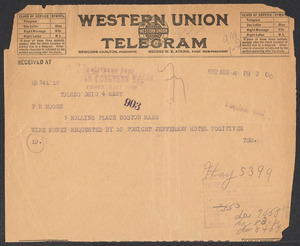Sacco-Vanzetti Case Records, 1920-1928. Defense Papers. Western Mob: Doyle to Moore (telegram), August 4, 1922. Box 5, Folder 2, Harvard Law School Library, Historical & Special Collections