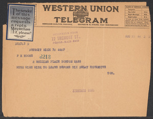 Sacco-Vanzetti Case Records, 1920-1928. Defense Papers. Western Mob: Doyle to Moore (telegram), August 30, 1922. Box 5, Folder 14, Harvard Law School Library, Historical & Special Collections
