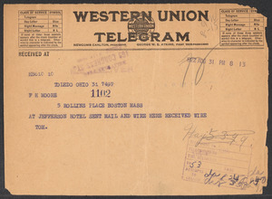 Sacco-Vanzetti Case Records, 1920-1928. Defense Papers. Western Mob: Doyle to Moore (telegram), August 31, 1922. Box 5, Folder 16, Harvard Law School Library, Historical & Special Collections