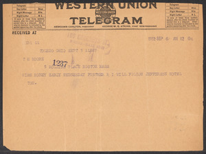 Sacco-Vanzetti Case Records, 1920-1928. Defense Papers. Western Mob: Doyle to Moore (telegram), September 6, 1922. Box 5, Folder 18, Harvard Law School Library, Historical & Special Collections